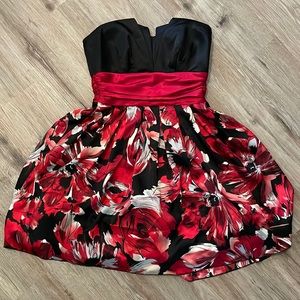 Strapless Red And Black Floral Mini Dress